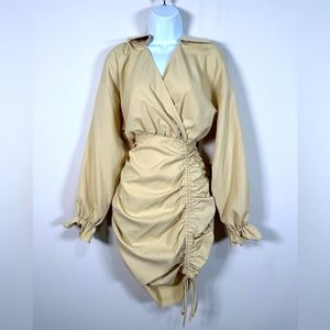 Tan Long Sleeve Wrap Top Dress With Front Cinch Cords  Size M